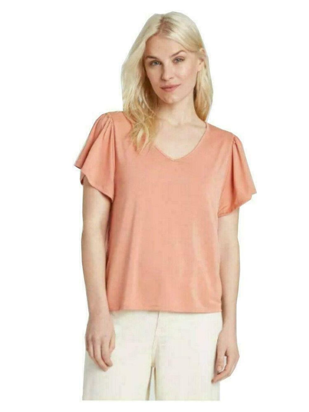 Women's Short Sleeve Top Blouse V-Neck Flutter Sleeve Coral Color Size S